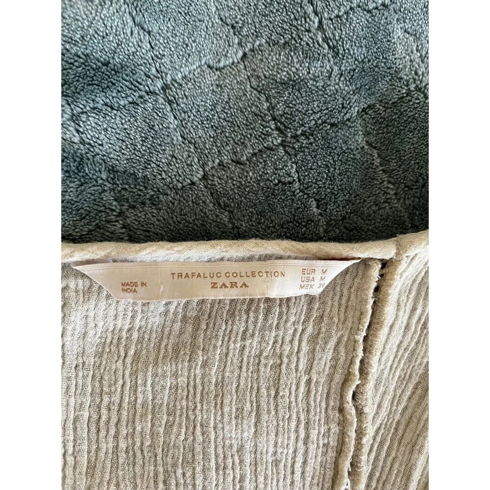 Zara Trafaluc Beige Textured Gauze Tunic Dress V-Neck Openwork Detail Medium‎